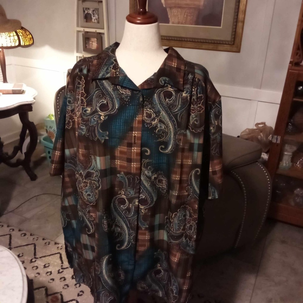 A Personal Touch 4X Paisley Plaid Tunic Top Shirt Brown‎ Teal Women Made USA